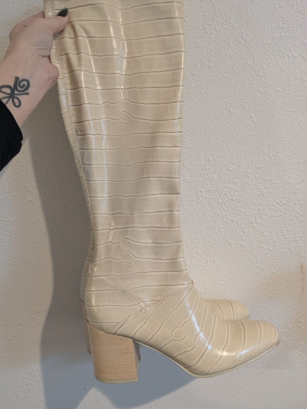 Franco Sarto Beige Croc-Embossed Knee Boot with Block Heel